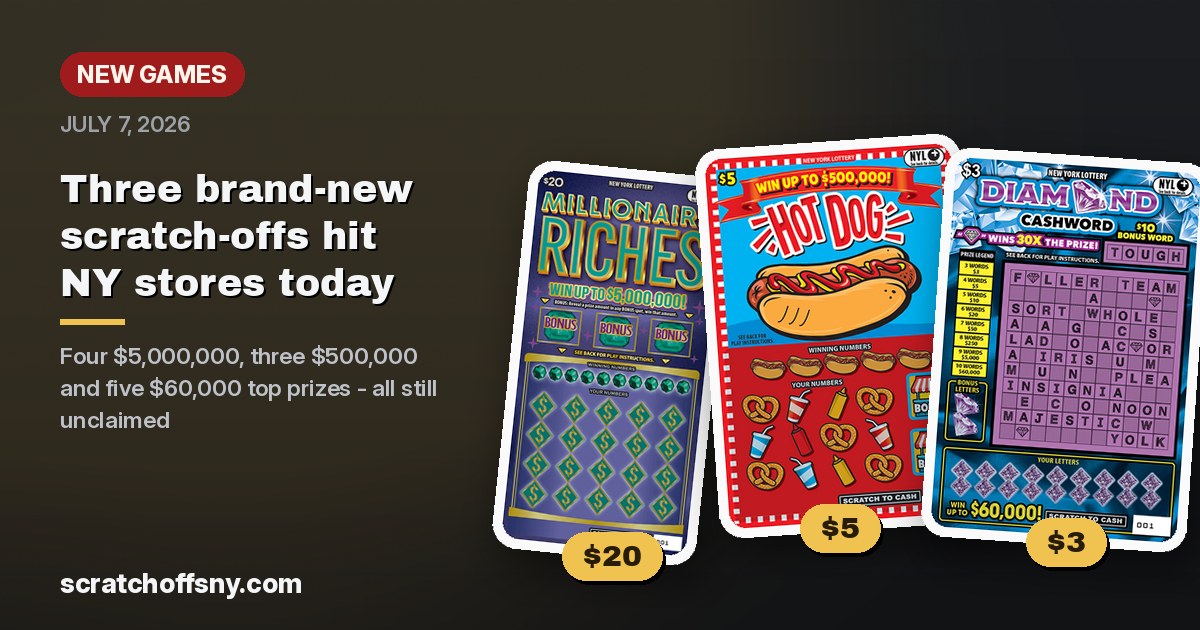 Three new New York scratch-off games launched July 7, 2026: Millionaire Riches, Hot Dog! and Diamond Cashword